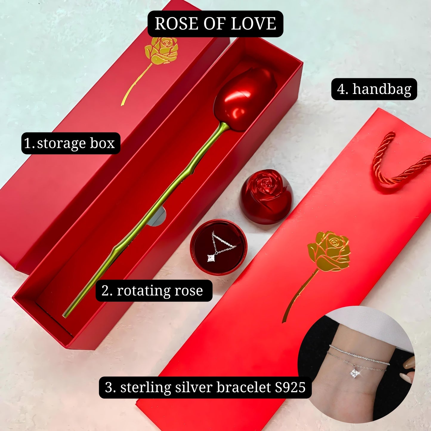 "Rose of Love" Gift with Sterling Silver Bracelet (S925)